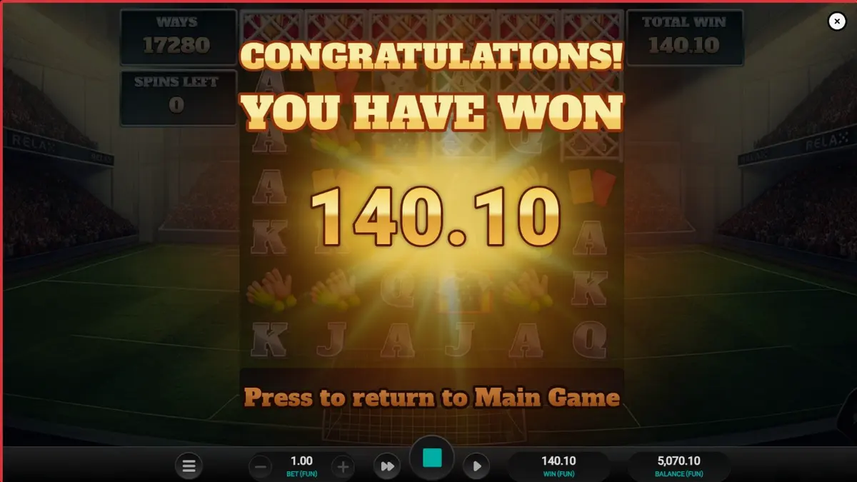 Tampilan antarmuka slot World Class Kick Off Dream Drop dengan elemen retro sepak bola